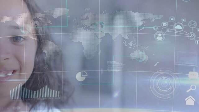 Faint tech overlay activating, girl smiling while gazing right, world map and charts highlighting