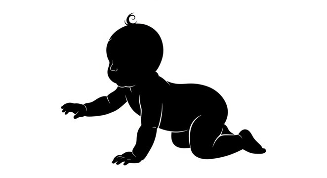 Silhouette of Crawling Baby on White Background.