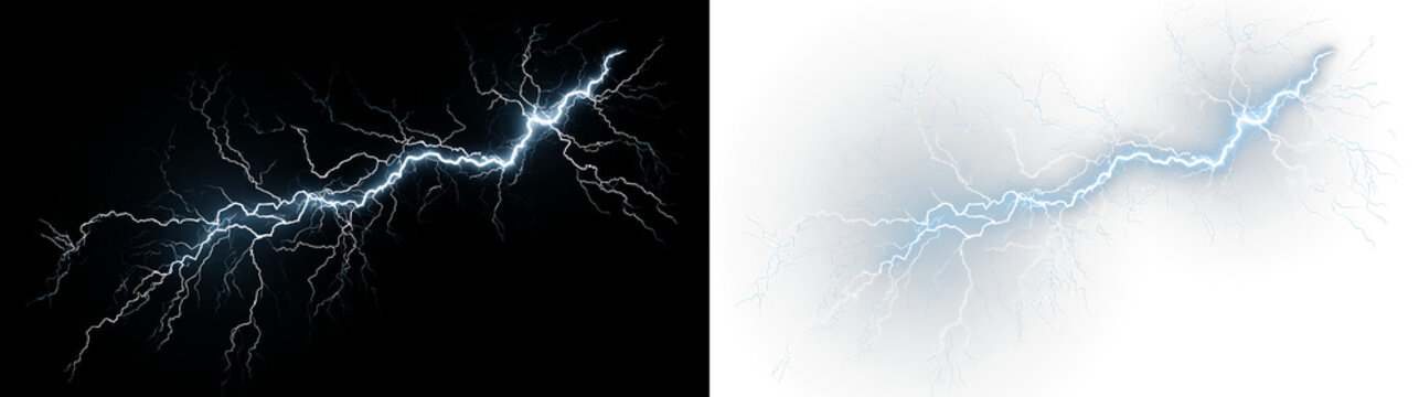 Blue and white bright lightning bolt isolated on transparent and black background during a thunderstorm in the sky at night, light overlay, PNG