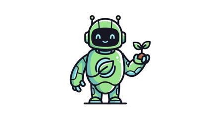 Obraz premium A friendly green robot with a leaf symbol on its chest, holding a small plant sprout in its hand, symbolizing environmental care and technology.
