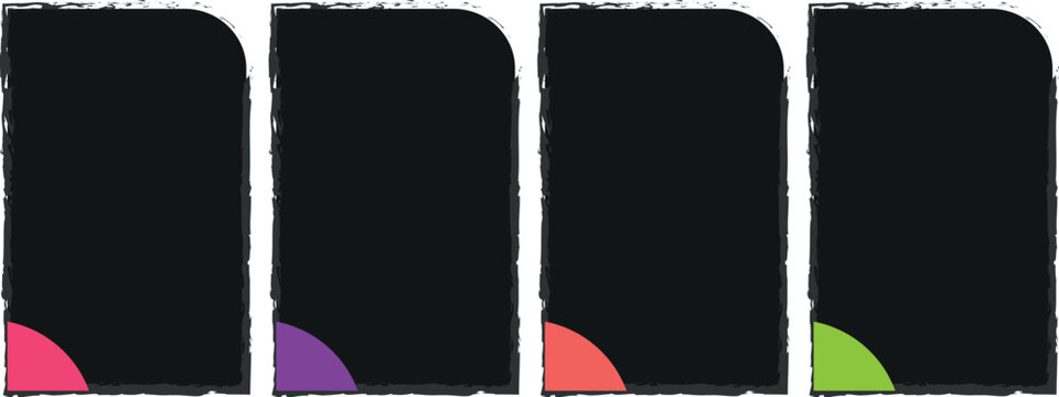 A collection of four dark charcoal colored rectangular frames featuring distressed rough edges and contrasting vibrant corner accents in pink purple coral and green. This set provides a bold 