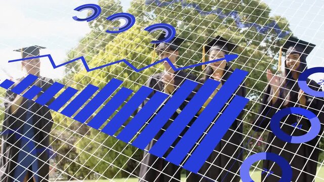 Grads standing on lawn, education overlay sliding in with blue charts over them and showing stats