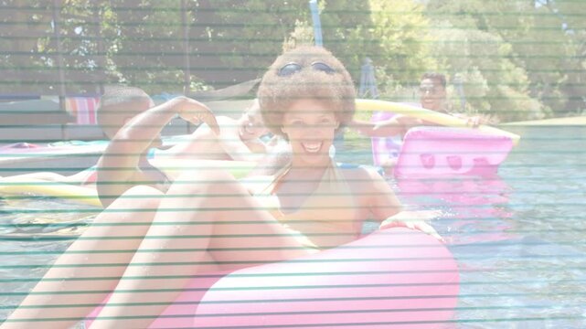 Woman on pink float sitting up as camera panning group toasting noodle waving scanline washing ads