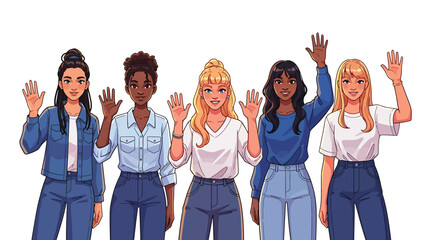 Fototapeta premium Five diverse women waving with smiles representing unity and empowerment