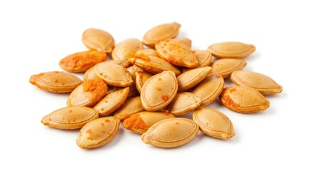 Obraz premium A pile of roasted pumpkin seeds sits on a white surface. The seeds are light brown and have a reddish-orange coating.