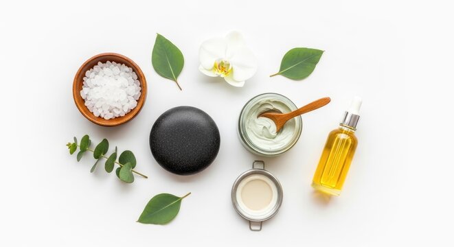 A flat lay arrangement showcases skincare products on a white surface.