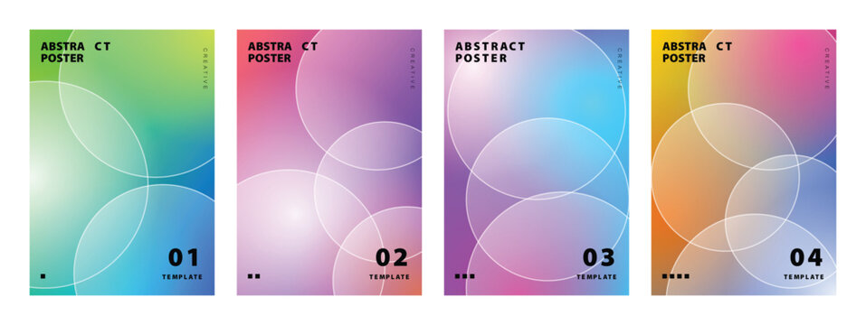 Set of four abstract posters with soft gradients and overlapping white circles creating a clean minimal aesthetic for creative brand covers