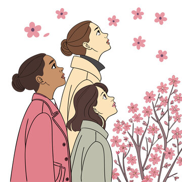 three women admiring cherry blossoms in springtime high quality professional detailed