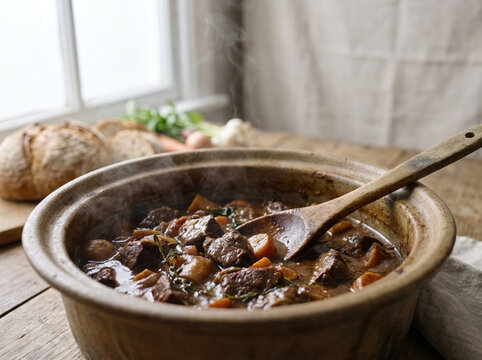 Hearty game meat stew bubbling warmly in a rustic pot against a kitchen backdrop with bread and fresh ingredients nearby