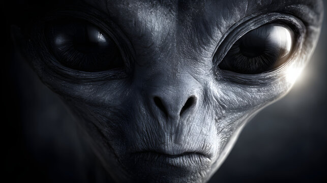 A highly detailed cinematic close-up of a classic grey alien with large dark reflective eyes and textured skin, capturing a mysterious and otherworldly expression in dramatic lighting.