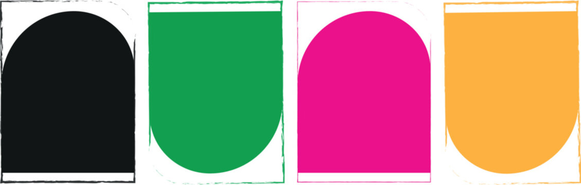 A high-quality vector illustration featuring four distinct arched shapes in black green magenta and orange. Each element is framed by a rough hand-drawn style border giving it a modern artistic
