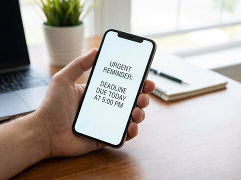 Urgent deadline reminder with a sense of urgency while holding a smartphone against a bright, modern office background