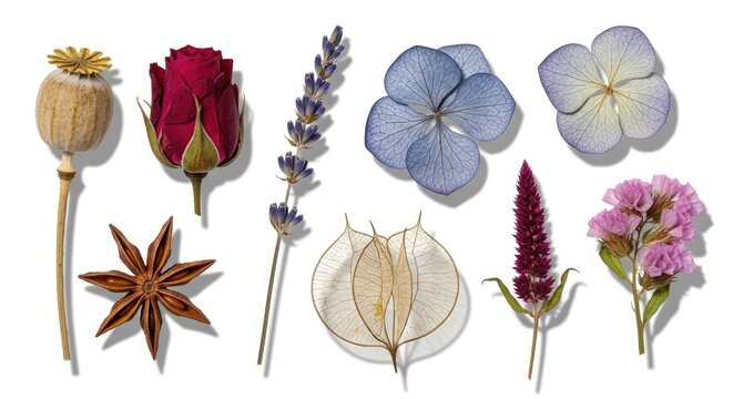 A collection of dried flowers and spices arranged on a white surface.