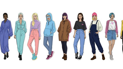 Fototapeta premium Fashion illustration lineup diverse styles and outfits for modern individuals