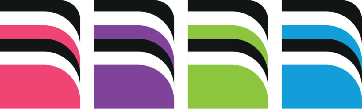 A set of four modern arched logo templates featuring a striped pattern design. Each logo uses a unique color including pink purple green and blue with a black and white aesthetic for a clean Vector