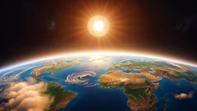 Cinematic View of Planet Earth from Space with Radiant Sun at Sunrise