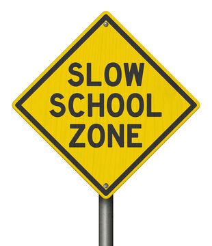 Slow School Zone yellow warning sign isolated on white