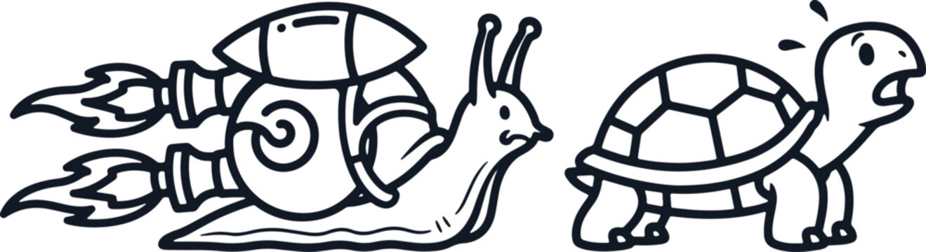 Rocket snail and turtle racing vector cartoon isolated on transparent background funny speed concept.