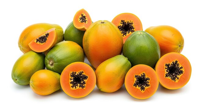 A collection of papayas sits on a white surface.