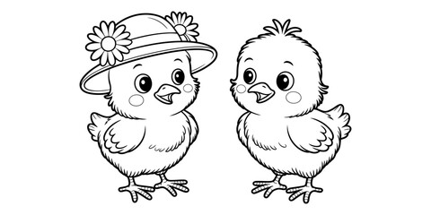 Two cute baby chicks one wearing a flower hat coloring page for kids Vector, illustration © Vector Art Gallery 