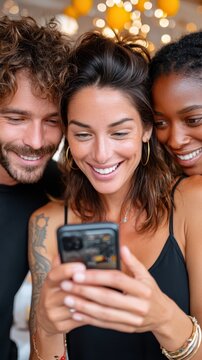 Three happy friends gather closely to view content on a mobile phone, smiling brightly. They are indoors at an evening event, with warm, blurred lights in the background