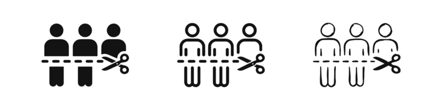 Job Cuts and Downsizing Icon Set - Scissors Cutting People Silhouette Layoff and Redundancy Symbols