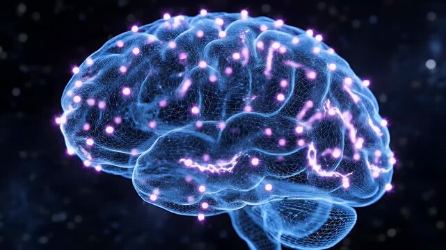 A stunning digital illustration depicts a translucent human brain illuminated with glowing pink nodes against a dark, starry background, symbolizing neural connections and cognitive processes.