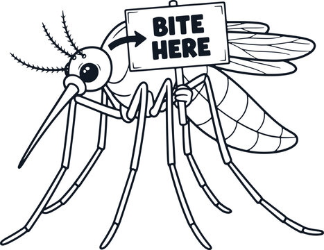 Mosquito holding sign bite here with arrow, funny insect illustration, danger symbol.