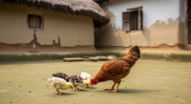 A diligent brown mother hen guides her small brood of chicks while pecking for food in front of traditional village houses.