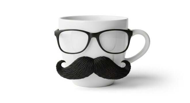 A white ceramic mug sits on a white surface. The mug is decorated with a black pair of eyeglasses and a black mustache.