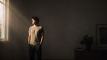 Fototapeta premium Man standing by window with natural sunlight indoors