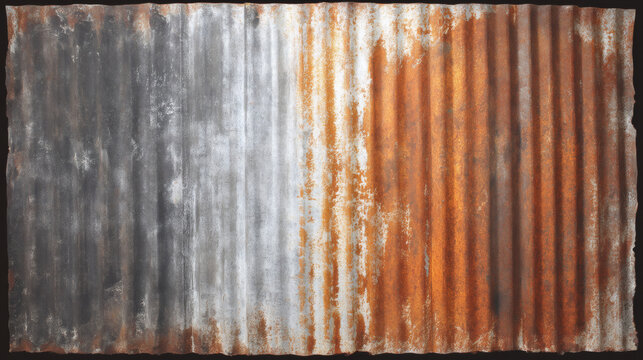 frame macro illustration of weathered corrugated metal sheet. Vertical parallel ridges feature deep brown and orange rust in the center band. Left side shows dark gray zinc oxidation while the 
