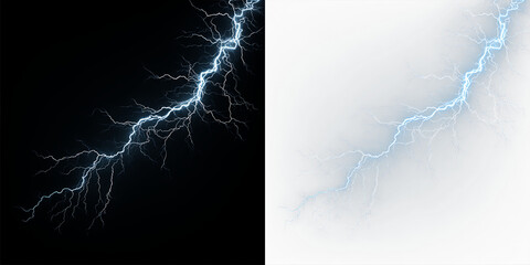 Naklejka premium Blue and white bright lightning bolt isolated on transparent and black background during a thunderstorm in the sky at night, light overlay, PNG