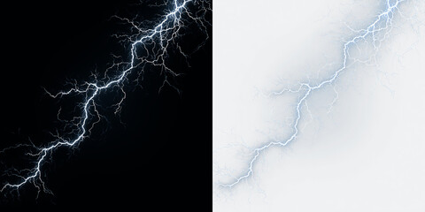 Blue and white lighting bolt on a clear background striking down, showing electric energy and natural power during a storm in nature, light overlay, PNG © Liubov