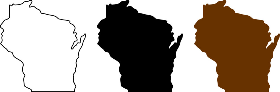 Wisconsin state map silhouettes isolated on white background