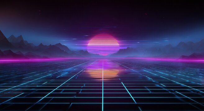 Retro Synthwave Landscape with Grid and Sunset.