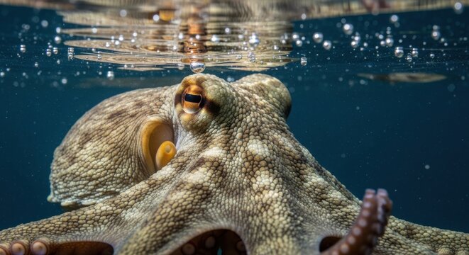 Underwater octopus eye closeup with bubbles and reflection