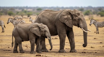 Fototapeta premium African savanna with elephants and zebras in natural light