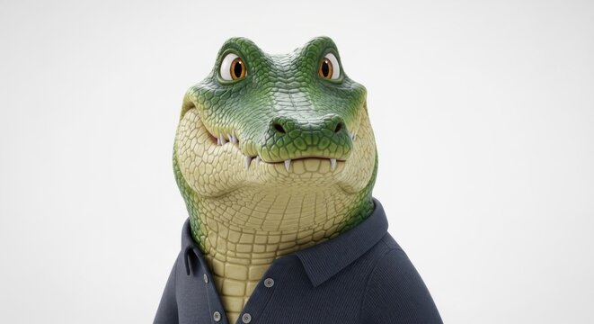 Anthropomorphic cartoon crocodile character with a sly smile and shirt