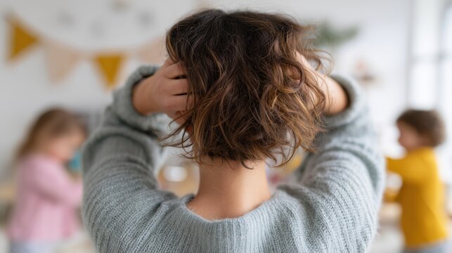 Back view of stressed mother holding head in hands with noisy children playing in blurred background.