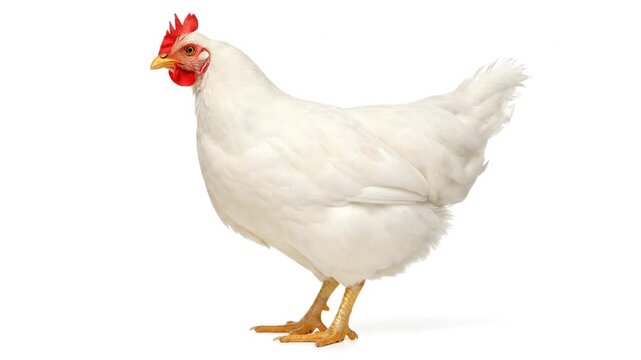 White hen standing on white background.