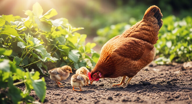 A diligent brown hen pecks at the soil, surrounded by her small yellow chicks, within a lush green garden under warm, natural sunlight.