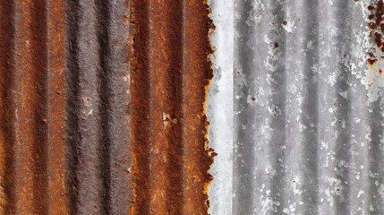 Naklejka premium macro illustration of a corrugated iron sheet. Vertical lines with heavy brown rust and white corrosion specks. Transitions from dark gray zinc on the left to light gray silver on the right. 