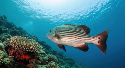 Obraz premium A striped fish swims near a coral reef in clear blue ocean water