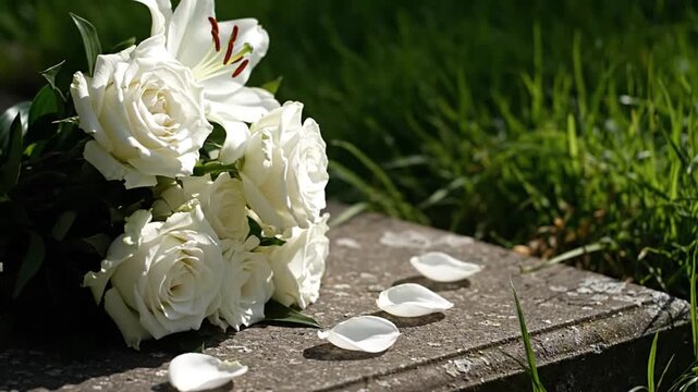 White flowers on a tombstone.