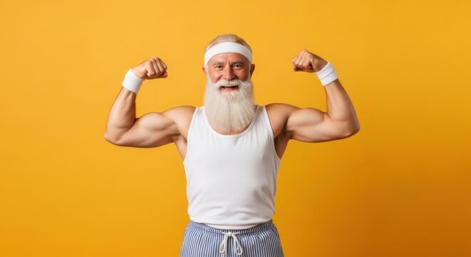 Senior man with white beard flexing muscles wearing athletic headband and tank top