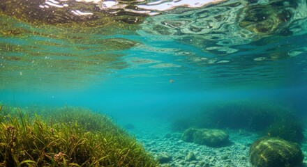 Fototapeta premium Underwater scene of clear water with aquatic plants and rocks