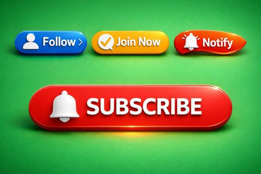 Colorful subscribe follow join notify social media buttons on green background