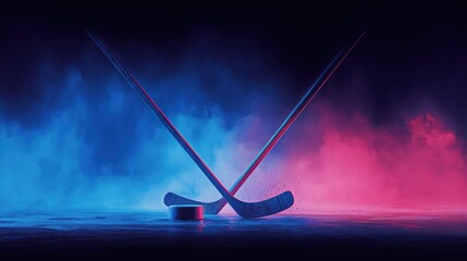Naklejka premium Crossed ice hockey sticks and puck on ice with dramatic blue and red neon lighting and smoke.