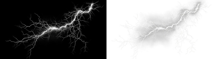 White lightning bolts create a striking effect isolated on transparent and black background with grey clouds during a stormy day, light overlay, PNG © Liubov